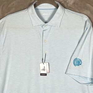 Johnnie O Mens Polo Size L Prep-Formance Light Blue White Stripe UPF50 Golf Logo